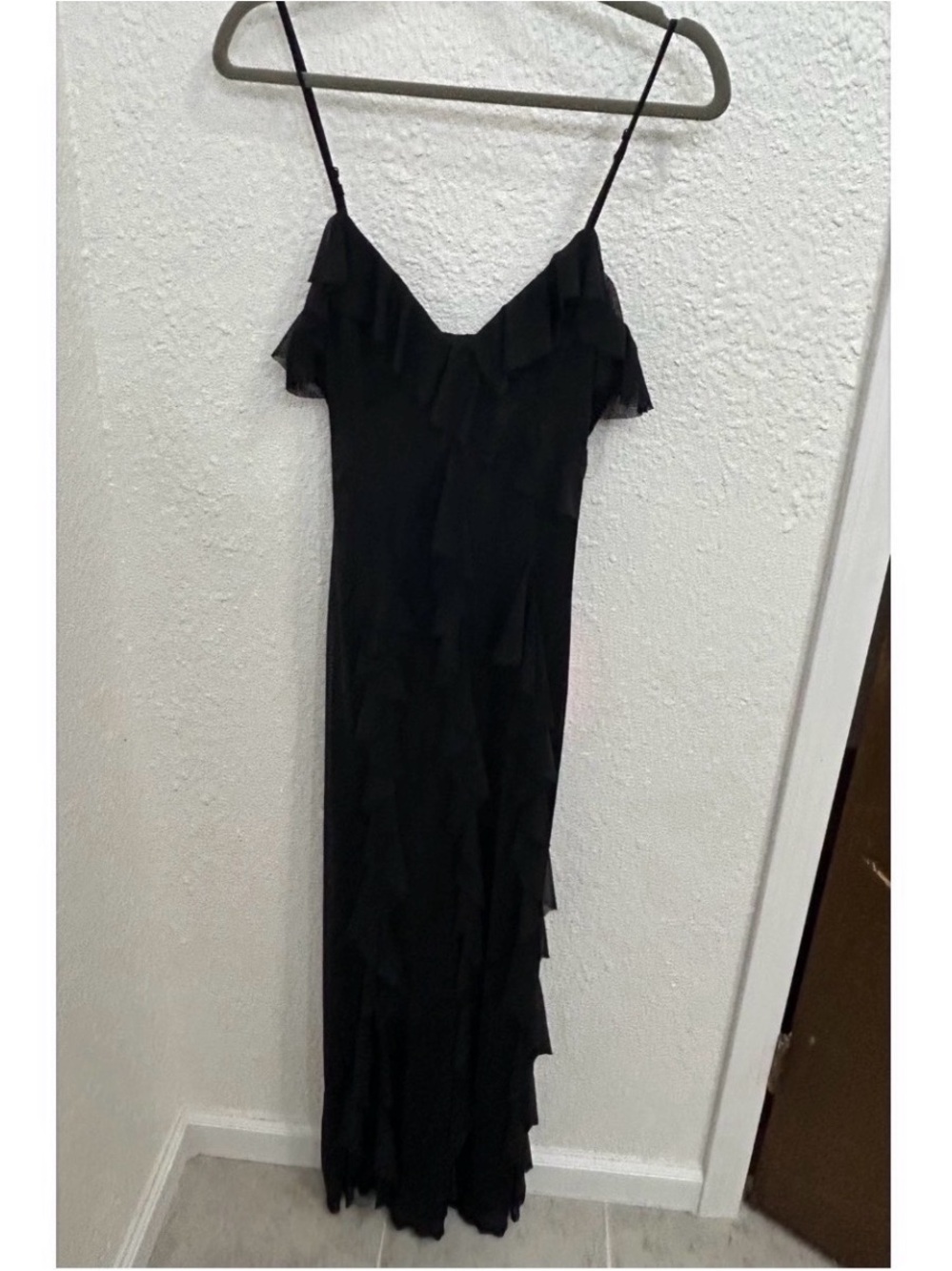 Ruffle-Trim Black Spaghetti Strap Maxi Dress